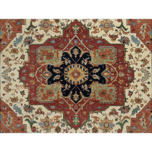 Load image into Gallery viewer, 9&#39;2&quot;x12&#39;1&quot; Cream Ivory and Crimson Red, Hand Knotted, Antiqued Fine Heriz Re-Creation with Geometric Medallion Design, Densely Woven, Hand Spun New Zealand Wool, Oriental Rug FWR544410