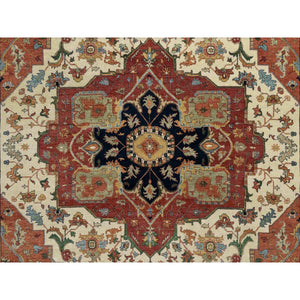 9'2"x12'1" Cream Ivory and Crimson Red, Hand Knotted, Antiqued Fine Heriz Re-Creation with Geometric Medallion Design, Densely Woven, Hand Spun New Zealand Wool, Oriental Rug FWR544410