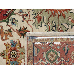 9'2"x12'1" Cream Ivory and Crimson Red, Hand Knotted, Antiqued Fine Heriz Re-Creation with Geometric Medallion Design, Densely Woven, Hand Spun New Zealand Wool, Oriental Rug FWR544410