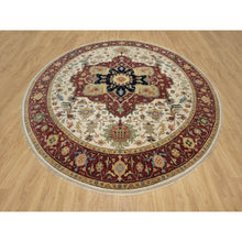 Load image into Gallery viewer, 12&#39;x12&#39; Parchment White And Brick Red Border, Antiqued Fine Heriz Re-creation With Medallion Design, Thick And Plush, Hand Spun New Zealand Wool, Hand Knotted, Round, Oriental Rug FWR544434