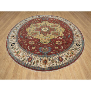 12'x12' Carmine Red, Antiqued Fine Heriz Re-creation With Center Medallion Design, Hand Knotted, Hand Spun New Zealand Wool, Densely Woven, Round, Oriental Rug FWR544440