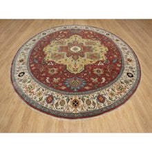 Load image into Gallery viewer, 12&#39;x12&#39; Carmine Red, Antiqued Fine Heriz Re-creation With Center Medallion Design, Hand Knotted, Hand Spun New Zealand Wool, Densely Woven, Round, Oriental Rug FWR544440