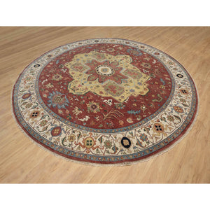 12'x12' Carmine Red, Antiqued Fine Heriz Re-creation With Center Medallion Design, Hand Knotted, Hand Spun New Zealand Wool, Densely Woven, Round, Oriental Rug FWR544440