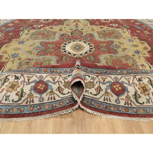 12'x12' Carmine Red, Antiqued Fine Heriz Re-creation With Center Medallion Design, Hand Knotted, Hand Spun New Zealand Wool, Densely Woven, Round, Oriental Rug FWR544440