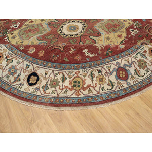 12'x12' Carmine Red, Antiqued Fine Heriz Re-creation With Center Medallion Design, Hand Knotted, Hand Spun New Zealand Wool, Densely Woven, Round, Oriental Rug FWR544440
