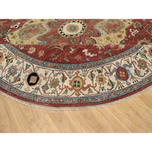 Load image into Gallery viewer, 12&#39;x12&#39; Carmine Red, Antiqued Fine Heriz Re-creation With Center Medallion Design, Hand Knotted, Hand Spun New Zealand Wool, Densely Woven, Round, Oriental Rug FWR544440