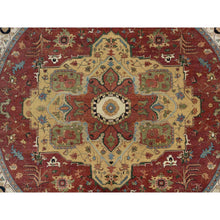 Load image into Gallery viewer, 12&#39;x12&#39; Carmine Red, Antiqued Fine Heriz Re-creation With Center Medallion Design, Hand Knotted, Hand Spun New Zealand Wool, Densely Woven, Round, Oriental Rug FWR544440