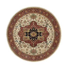 Load image into Gallery viewer, 8&#39;x8&#39; Seashell White and Crimson Red, Antiqued Fine Heriz Re-Creation with Center Medallion Design, Hand Knotted, Hand Spun New Zealand Wool, Denser Weave, Round, Oriental Rug FWR544446