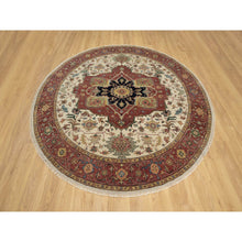 Load image into Gallery viewer, 8&#39;x8&#39; Seashell White and Crimson Red, Antiqued Fine Heriz Re-Creation with Center Medallion Design, Hand Knotted, Hand Spun New Zealand Wool, Denser Weave, Round, Oriental Rug FWR544446