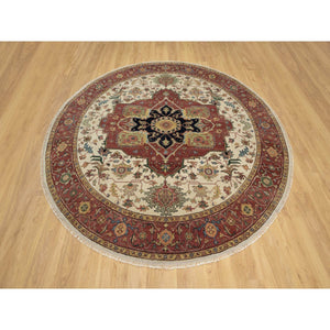 8'x8' Seashell White and Crimson Red, Antiqued Fine Heriz Re-Creation with Center Medallion Design, Hand Knotted, Hand Spun New Zealand Wool, Denser Weave, Round, Oriental Rug FWR544446