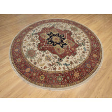 Load image into Gallery viewer, 8&#39;x8&#39; Seashell White and Crimson Red, Antiqued Fine Heriz Re-Creation with Center Medallion Design, Hand Knotted, Hand Spun New Zealand Wool, Denser Weave, Round, Oriental Rug FWR544446