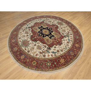 8'x8' Seashell White and Crimson Red, Antiqued Fine Heriz Re-Creation with Center Medallion Design, Hand Knotted, Hand Spun New Zealand Wool, Denser Weave, Round, Oriental Rug FWR544446
