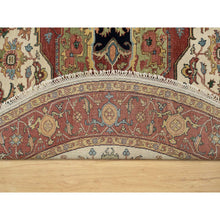 Load image into Gallery viewer, 8&#39;x8&#39; Seashell White and Crimson Red, Antiqued Fine Heriz Re-Creation with Center Medallion Design, Hand Knotted, Hand Spun New Zealand Wool, Denser Weave, Round, Oriental Rug FWR544446