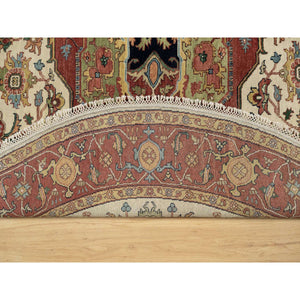 8'x8' Seashell White and Crimson Red, Antiqued Fine Heriz Re-Creation with Center Medallion Design, Hand Knotted, Hand Spun New Zealand Wool, Denser Weave, Round, Oriental Rug FWR544446