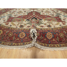 Load image into Gallery viewer, 8&#39;x8&#39; Seashell White and Crimson Red, Antiqued Fine Heriz Re-Creation with Center Medallion Design, Hand Knotted, Hand Spun New Zealand Wool, Denser Weave, Round, Oriental Rug FWR544446
