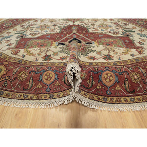 8'x8' Seashell White and Crimson Red, Antiqued Fine Heriz Re-Creation with Center Medallion Design, Hand Knotted, Hand Spun New Zealand Wool, Denser Weave, Round, Oriental Rug FWR544446