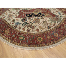Load image into Gallery viewer, 8&#39;x8&#39; Seashell White and Crimson Red, Antiqued Fine Heriz Re-Creation with Center Medallion Design, Hand Knotted, Hand Spun New Zealand Wool, Denser Weave, Round, Oriental Rug FWR544446