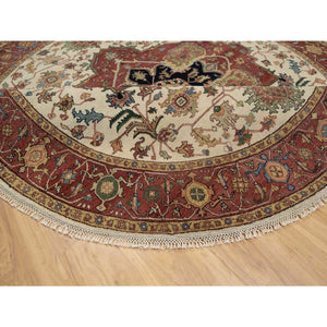 8'x8' Seashell White and Crimson Red, Antiqued Fine Heriz Re-Creation with Center Medallion Design, Hand Knotted, Hand Spun New Zealand Wool, Denser Weave, Round, Oriental Rug FWR544446