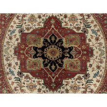 Load image into Gallery viewer, 8&#39;x8&#39; Seashell White and Crimson Red, Antiqued Fine Heriz Re-Creation with Center Medallion Design, Hand Knotted, Hand Spun New Zealand Wool, Denser Weave, Round, Oriental Rug FWR544446