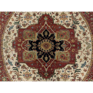8'x8' Seashell White and Crimson Red, Antiqued Fine Heriz Re-Creation with Center Medallion Design, Hand Knotted, Hand Spun New Zealand Wool, Denser Weave, Round, Oriental Rug FWR544446