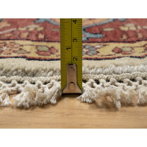 8'x8' Seashell White and Crimson Red, Antiqued Fine Heriz Re-Creation with Center Medallion Design, Hand Knotted, Hand Spun New Zealand Wool, Denser Weave, Round, Oriental Rug FWR544446