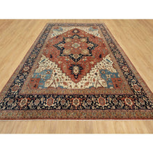 Load image into Gallery viewer, 12&#39;x15&#39;1&quot; Persian Red And Navy Blue Border, Antiqued Fine Heriz Re-creation With Star Medallion Design, Hand Spun New Zealand Wool, Hand Knotted, Soft And Plush, Oversized, Oriental Rug FWR544452