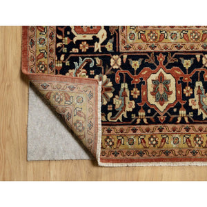 12'x15'1" Persian Red And Navy Blue Border, Antiqued Fine Heriz Re-creation With Star Medallion Design, Hand Spun New Zealand Wool, Hand Knotted, Soft And Plush, Oversized, Oriental Rug FWR544452