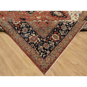 12'x15'1" Persian Red And Navy Blue Border, Antiqued Fine Heriz Re-creation With Star Medallion Design, Hand Spun New Zealand Wool, Hand Knotted, Soft And Plush, Oversized, Oriental Rug FWR544452