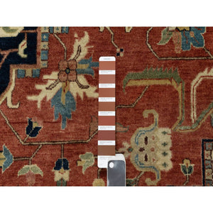 12'x15'1" Persian Red And Navy Blue Border, Antiqued Fine Heriz Re-creation With Star Medallion Design, Hand Spun New Zealand Wool, Hand Knotted, Soft And Plush, Oversized, Oriental Rug FWR544452
