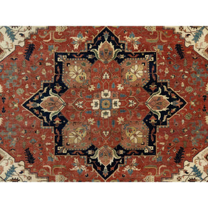 12'x15'1" Persian Red And Navy Blue Border, Antiqued Fine Heriz Re-creation With Star Medallion Design, Hand Spun New Zealand Wool, Hand Knotted, Soft And Plush, Oversized, Oriental Rug FWR544452