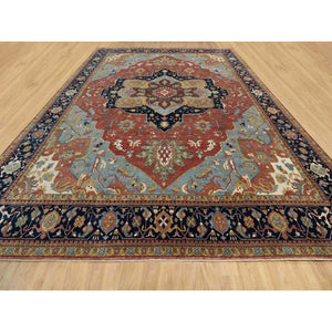 13'9"x16'2" Crimson Red, Antiqued Fine Heriz Re-creation With Large Medallion Design, Denser Weave, Hand Knotted, Natural Dyes, Hand Spun New Zealand Wool, Oriental, Oversized Rug FWR544464