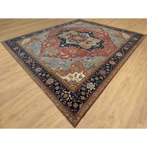 13'9"x16'2" Crimson Red, Antiqued Fine Heriz Re-creation With Large Medallion Design, Denser Weave, Hand Knotted, Natural Dyes, Hand Spun New Zealand Wool, Oriental, Oversized Rug FWR544464