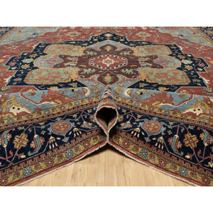 13'9"x16'2" Crimson Red, Antiqued Fine Heriz Re-creation With Large Medallion Design, Denser Weave, Hand Knotted, Natural Dyes, Hand Spun New Zealand Wool, Oriental, Oversized Rug FWR544464