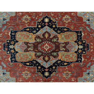 13'9"x16'2" Crimson Red, Antiqued Fine Heriz Re-creation With Large Medallion Design, Denser Weave, Hand Knotted, Natural Dyes, Hand Spun New Zealand Wool, Oriental, Oversized Rug FWR544464
