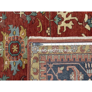 13'9"x16'2" Crimson Red, Antiqued Fine Heriz Re-creation With Large Medallion Design, Denser Weave, Hand Knotted, Natural Dyes, Hand Spun New Zealand Wool, Oriental, Oversized Rug FWR544464