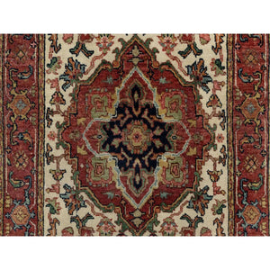 2'7"x21'10" Chiffon Ivory, Antiqued Fine Heriz Re-Creation with Geometric Medallions Design, Hand Knotted, Hand Spun New Zealand Wool, Natural Dyes, XL Runner, Oriental Rug FWR544512