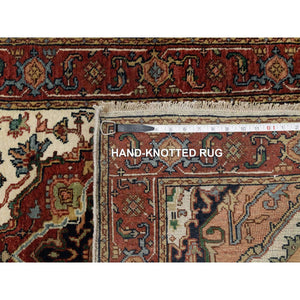 2'7"x21'10" Chiffon Ivory, Antiqued Fine Heriz Re-Creation with Geometric Medallions Design, Hand Knotted, Hand Spun New Zealand Wool, Natural Dyes, XL Runner, Oriental Rug FWR544512