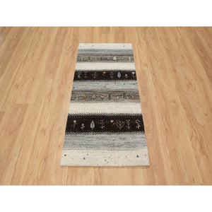 2'2"x4'9" Photon White, Thick and Plush, Modern, Lori Buft Gabbeh with Tree Figurines, 100% Wool, Hand Knotted, Short Runner, Oriental Rug FWR544644