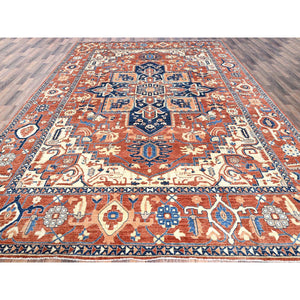 9'9"x13'10" Coral Red, Peshawar Heriz with Antique Serapi Design, Hand Knotted, Shiny High Mountain Wool, Vegetable Dyes, Densely Woven, Soft Pile, Oriental Rug FWR5442