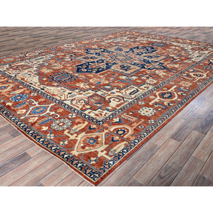 9'9"x13'10" Coral Red, Peshawar Heriz with Antique Serapi Design, Hand Knotted, Shiny High Mountain Wool, Vegetable Dyes, Densely Woven, Soft Pile, Oriental Rug FWR5442