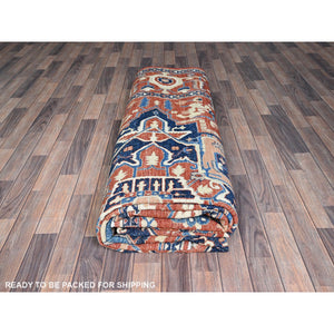 9'9"x13'10" Coral Red, Peshawar Heriz with Antique Serapi Design, Hand Knotted, Shiny High Mountain Wool, Vegetable Dyes, Densely Woven, Soft Pile, Oriental Rug FWR5442