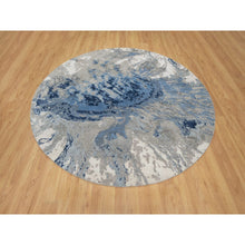 Load image into Gallery viewer, 7&#39;9&quot;x7&#39;9&quot; Indigo Blue With Goose Gray, Abstract Galaxy Design With Hi And Low Pile, Hand Knotted, Wool And Silk, Round Oriental Rug FWR544806