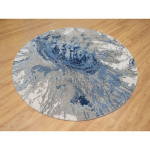 7'9"x7'9" Indigo Blue with Goose Gray, Abstract Galaxy Design with Hi and low Pile, Hand Knotted, Wool and Silk, Round Oriental Rug FWR544806