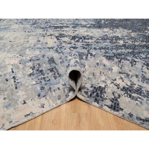 9'10"x13'7" Blue and Gray, Modern Abstract with Mosaic Design, Wool and Silk, Hand Knotted, Oriental Rug FWR544836