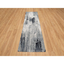 Load image into Gallery viewer, 2&#39;6&quot;x8&#39; Charcoal Black With Pearl White, Abstract Design, Hand Knotted, Soft To Touch, Wool And Silk, Runner Oriental Rug FWR544860