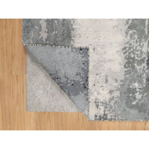 2'6"x8' Charcoal Black with Pearl White, Abstract Design, Hand Knotted, Soft to Touch, Wool and Silk, Runner Oriental Rug FWR544860