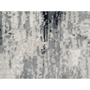 2'6"x8' Charcoal Black with Pearl White, Abstract Design, Hand Knotted, Soft to Touch, Wool and Silk, Runner Oriental Rug FWR544860