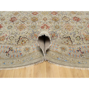11'10"x11'10" Biscoti Beige, Hand Knotted, The Sunset Rosettes, Wool and Pure Silk, Soft Colors, Round, Oriental Rug FWR544878