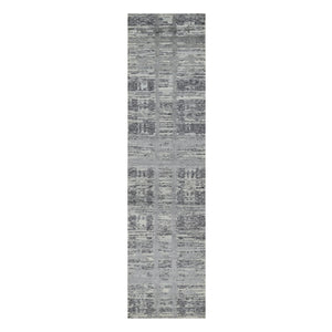 2'6"x10' Ash Gray, Hand Spun, Undyed Natural Wool, Modern Design, Hand Knotted, Runner, Oriental Rug FWR545058