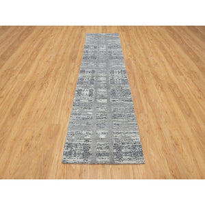 2'6"x10' Ash Gray, Hand Spun, Undyed Natural Wool, Modern Criss Cross Erased Design, Hand Knotted, Runner, Oriental Rug FWR545058